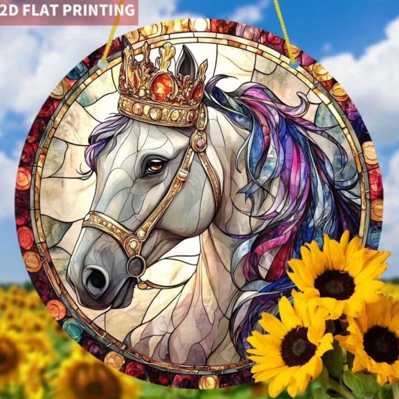 新品】サンキャッチャー ステンドグラス風アート 白馬👑 高貴 オーロラ