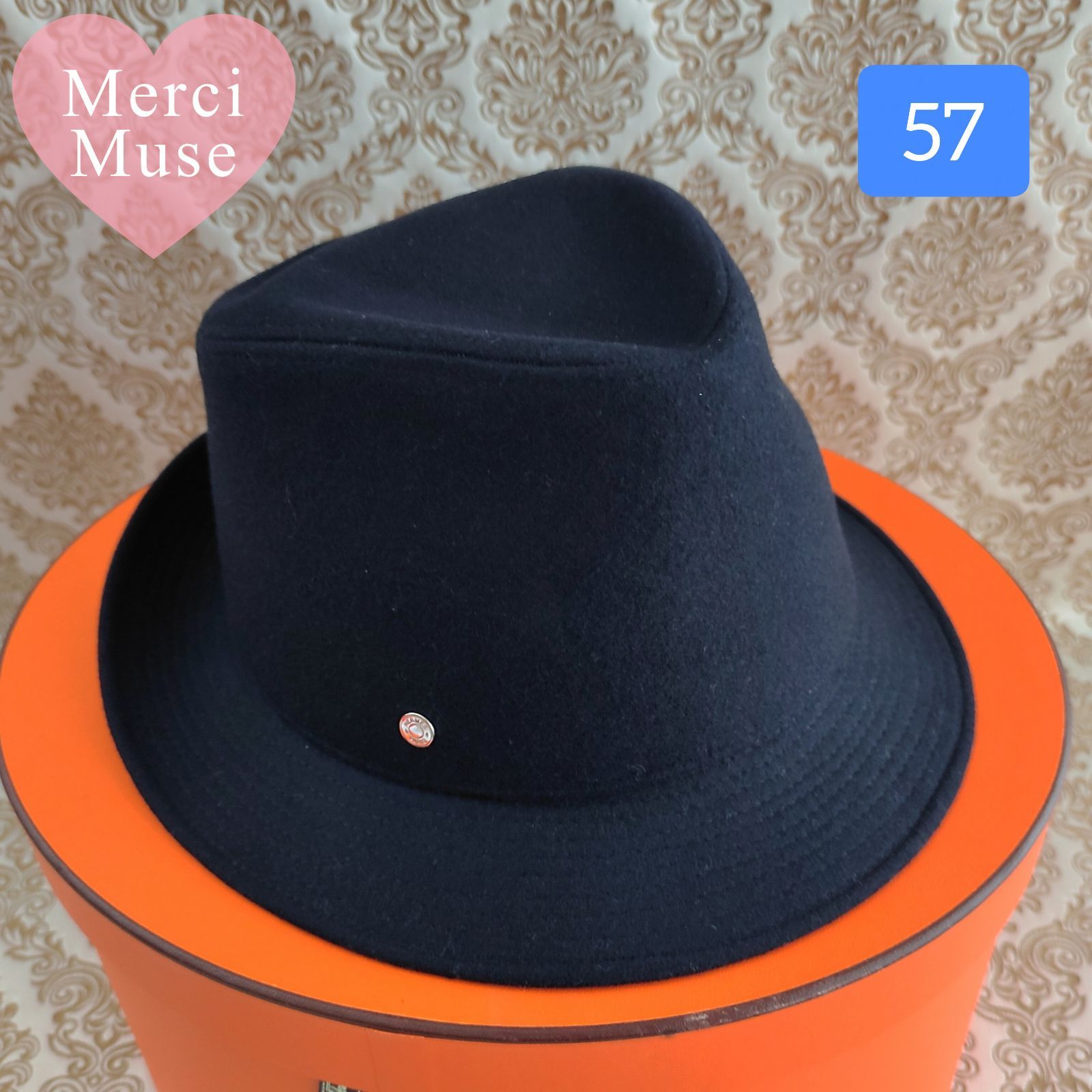 なお品 クリーニング済み セリエ中折れハット カシミヤ 57 ダークネイビー 帽子 エルメス MerciMuse メルシーミューズ