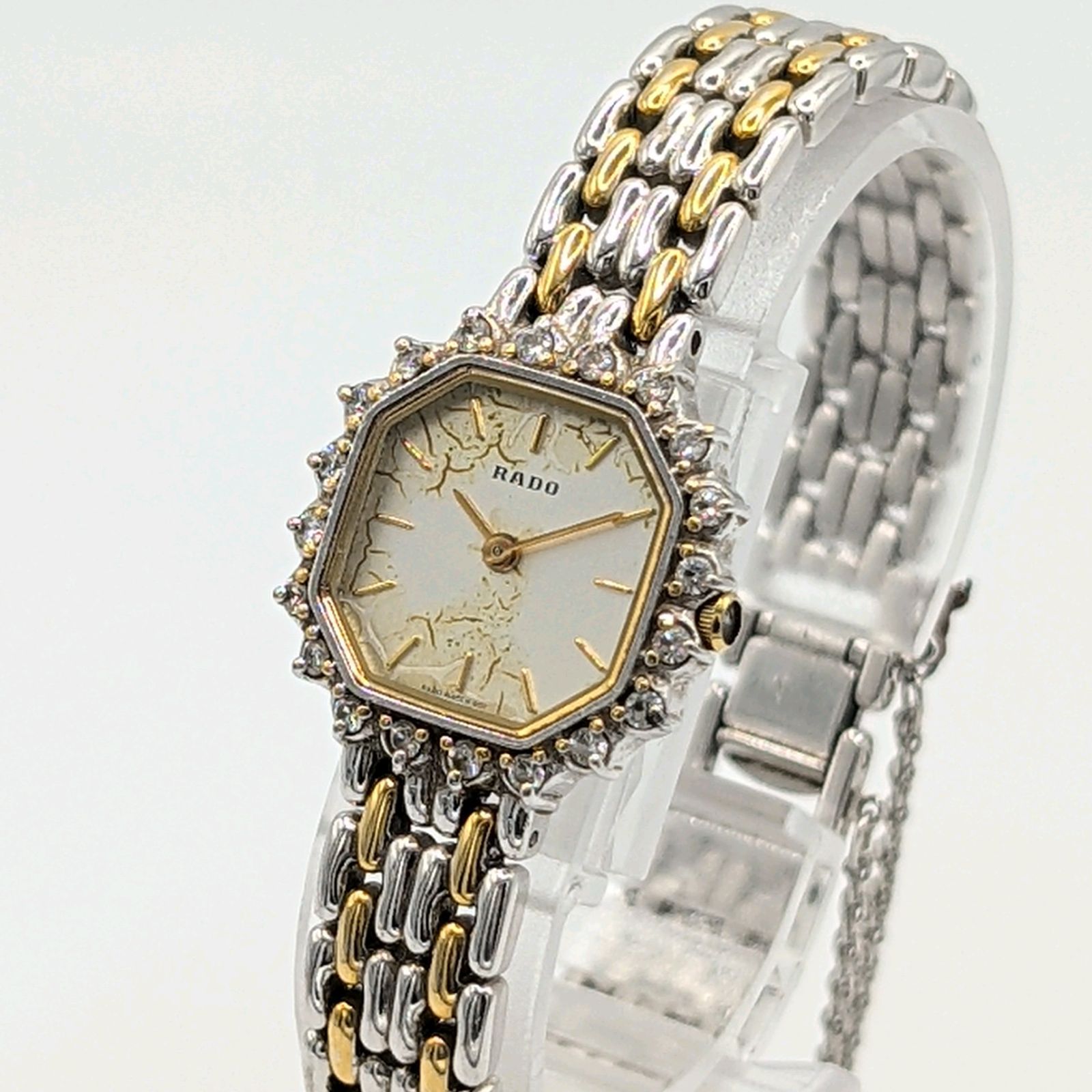 RADO DIASTAR Watch QZ Ladies Octagon Dia Bezel G Silver Combi Y 2 K 00 S Not Working ラドー ダイアスター 時計 クオーツ レディース オクタゴン ゴールド シルバー 不動品