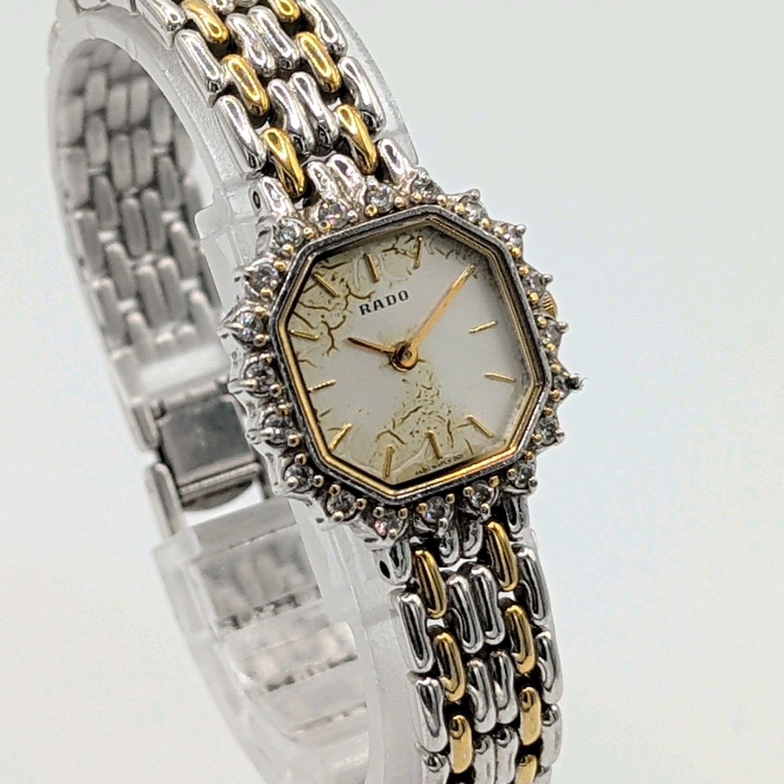 RADO DIASTAR Watch QZ Ladies Octagon Dia Bezel G Silver Combi Y 2 K 00 S Not Working ラドー ダイアスター 時計 クオーツ レディース オクタゴン ゴールド シルバー 不動品