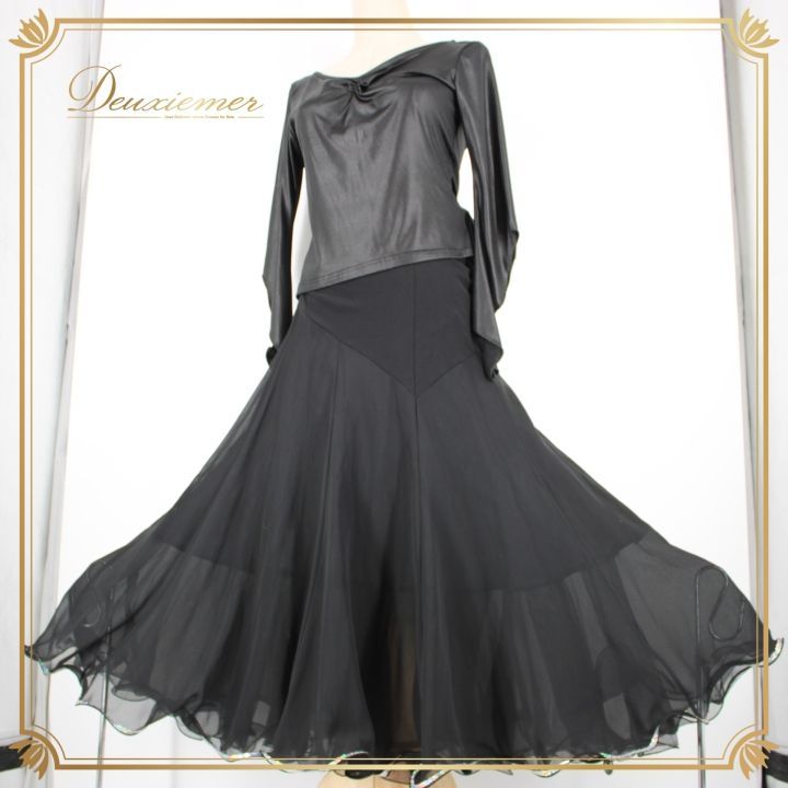 社交ダンス 衣装 上下セット ツーピース パーティ衣装 Create-Sun クリエイトサン 黒 ブラック系 シンプル キラキラ 長袖 ポリエステル 感 フィット感 伸縮性 おしゃれ カジュアル レディース ダンス用 トップス