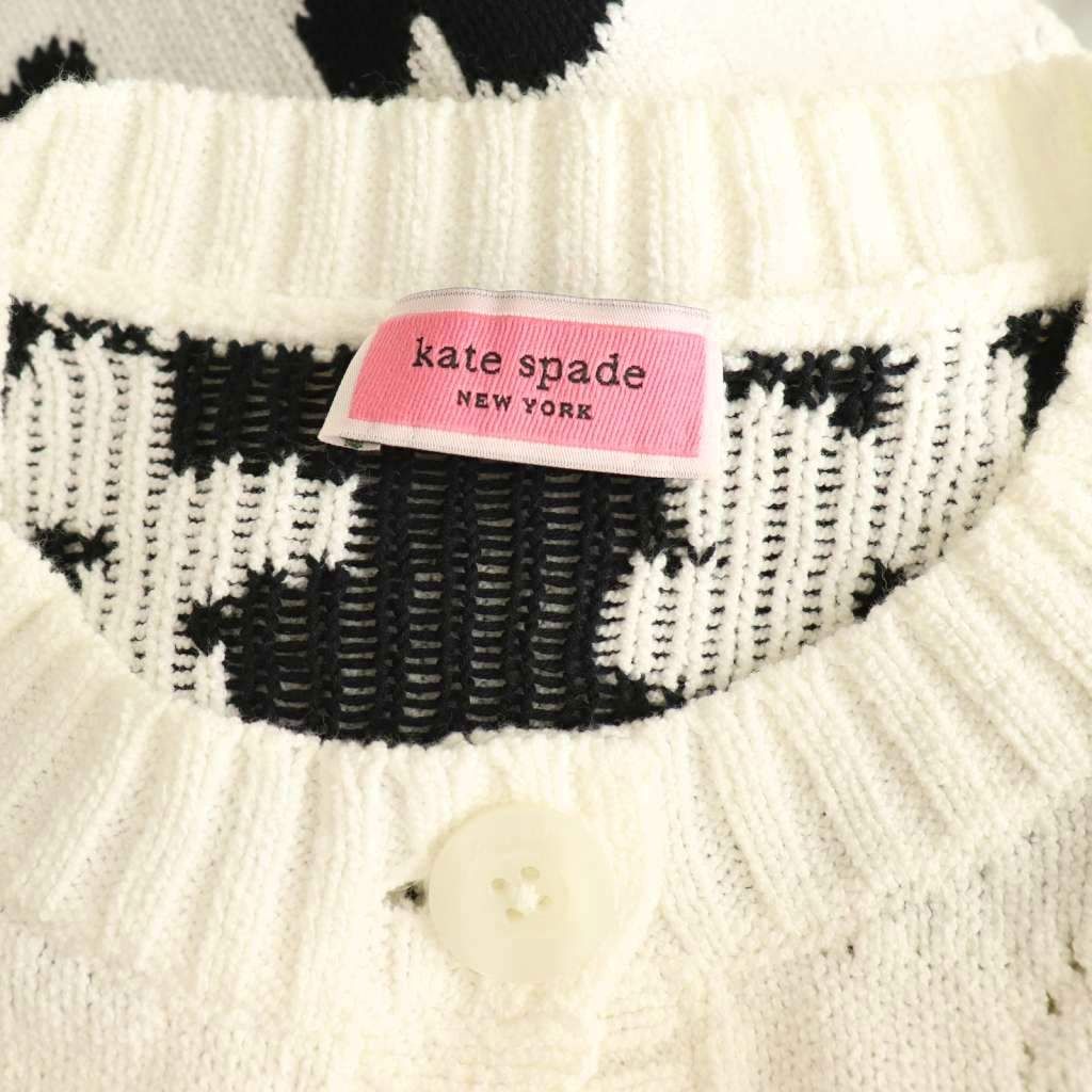 【美品】【Kate spade】スペードフラワーカーディガンホワイト×ブラック ケイトスペード KATE SPADE フラワージャガード 半袖 カーディガン