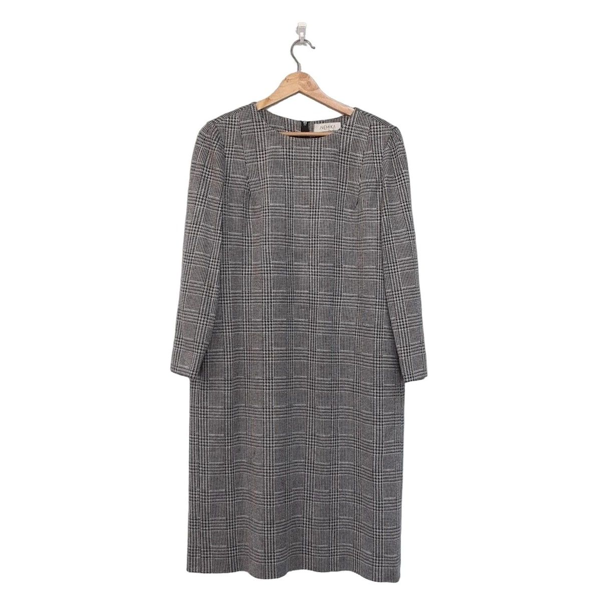 ネミカ ワンピース サイズ13 S レディース 黒 ライトグレー クルーネック 長袖 ロング 千鳥格子柄 チェック柄