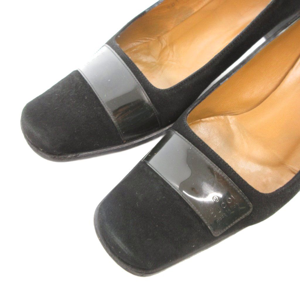 グッチ GUCCI パンプス ヒール スクエアトゥ スエード ロゴ 37 黒