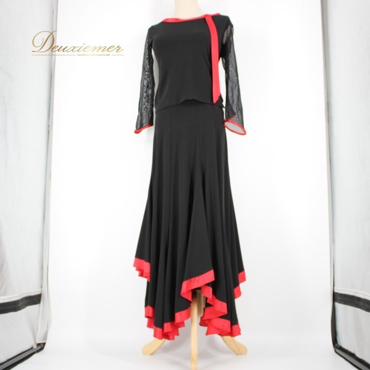 【美品 社交ダンス衣装】ブラック Chacott 上下セット ツーピース セット 社交ダンス 衣装 スタンダード 上下セット ツーピース パーティ衣装