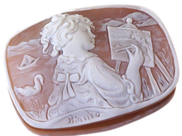 ジュエリー極】作家品サイン有り 絵を描く女性の彫刻 高級シェルカメオ