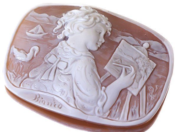 ジュエリー極】作家品サイン有り 絵を描く女性の彫刻 高級シェルカメオ