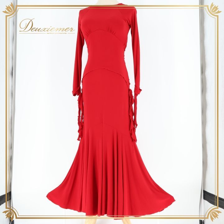 社交ダンス 衣装 ワンピース ドレス 赤 無地 クリエイトサン Create Sun 上品 ストレッチ 伸縮 レース レッド系 感 美ライン シンプル フィット感 大人 女性 ワンピースファッション 社交ダンス用 ドレスファッション