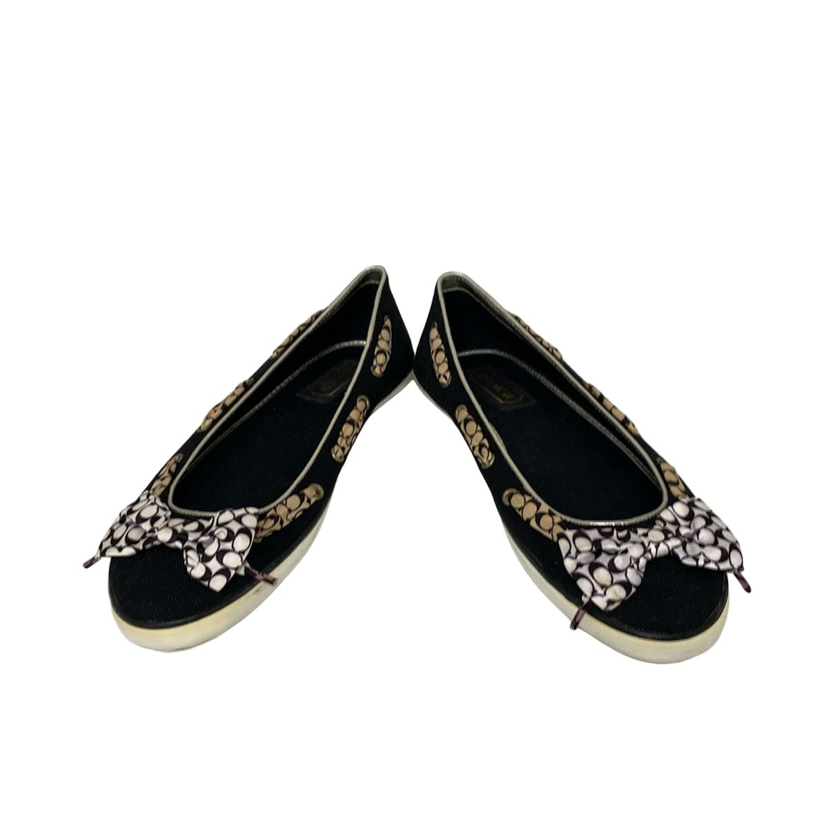 COACH コーチ スリッポン 7 M レディース - 黒×ベージュ×アイボリー リボン ミニシグネチャー柄 レザー