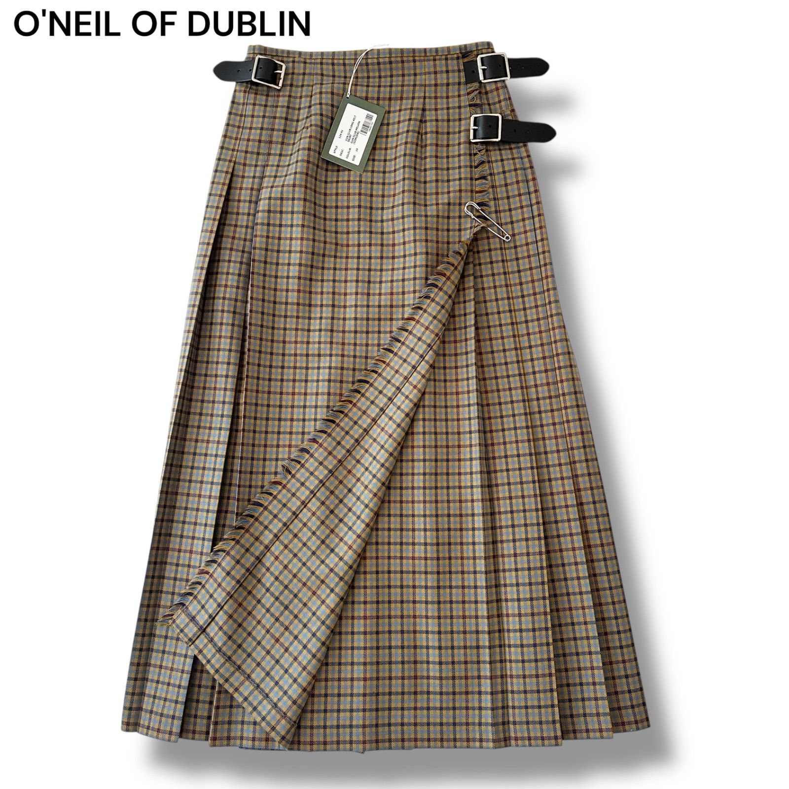 O NEIL OF DUBLIN ウーステッド ウール ロング キルト スカート ガンクラブチェック ワイドベルト GB 10 M アイルランド製