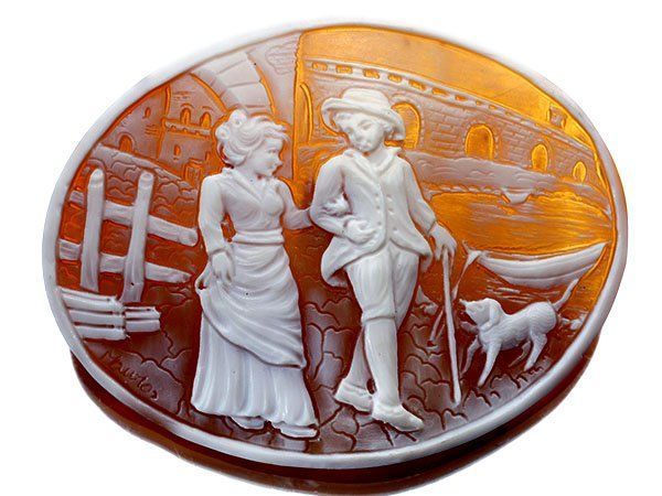 超大型　シェル　カメオ　ルース　アクセサリー　ジュエリー　作者不明　刻印有 ジュエリー極】作家品 サイン刻印有 男女と犬の彫刻 シェルカメオ