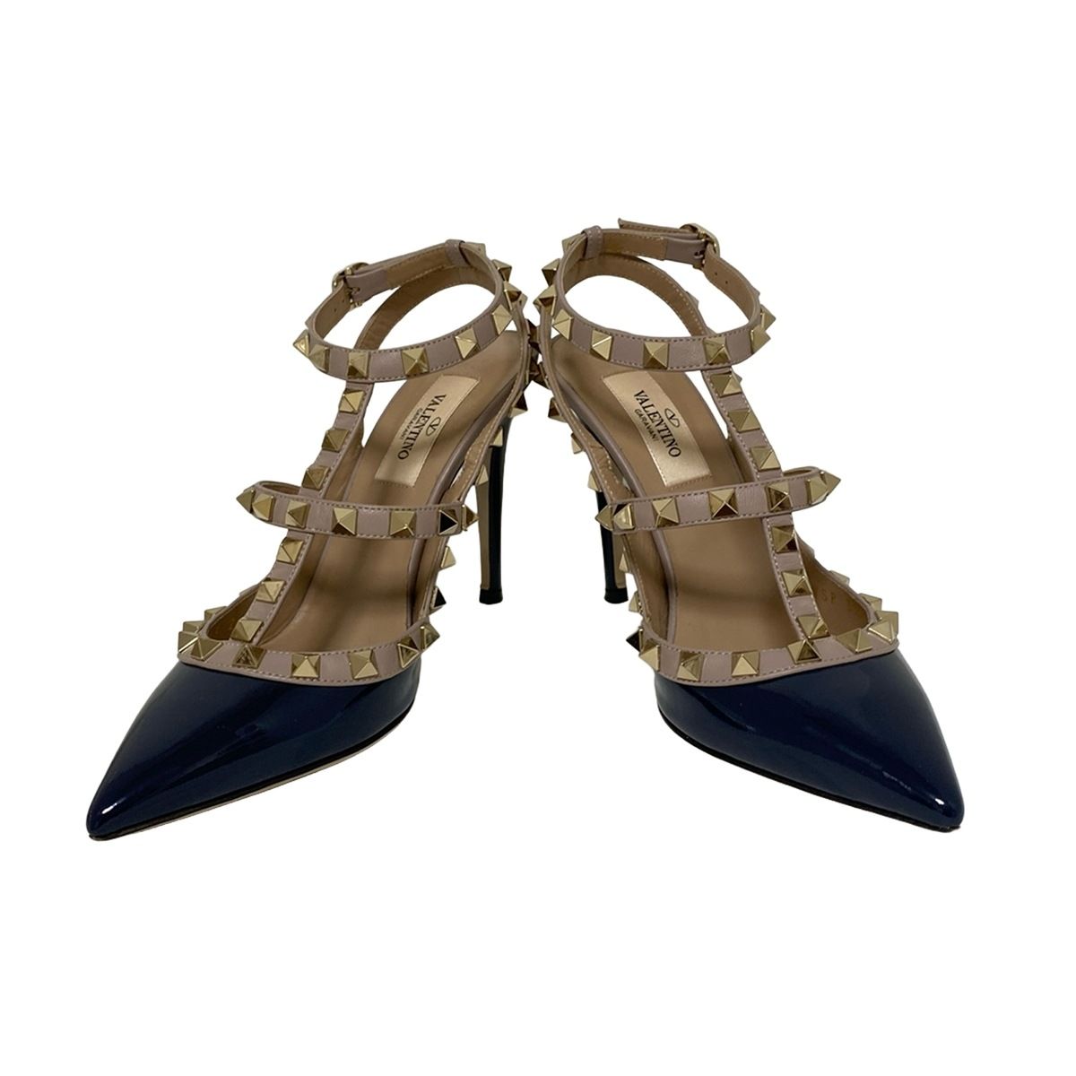 バレンチノガラバーニ サンダル 351 2 レディース - ダークネイビー×アイボリー×ゴールド スタッズ レザー