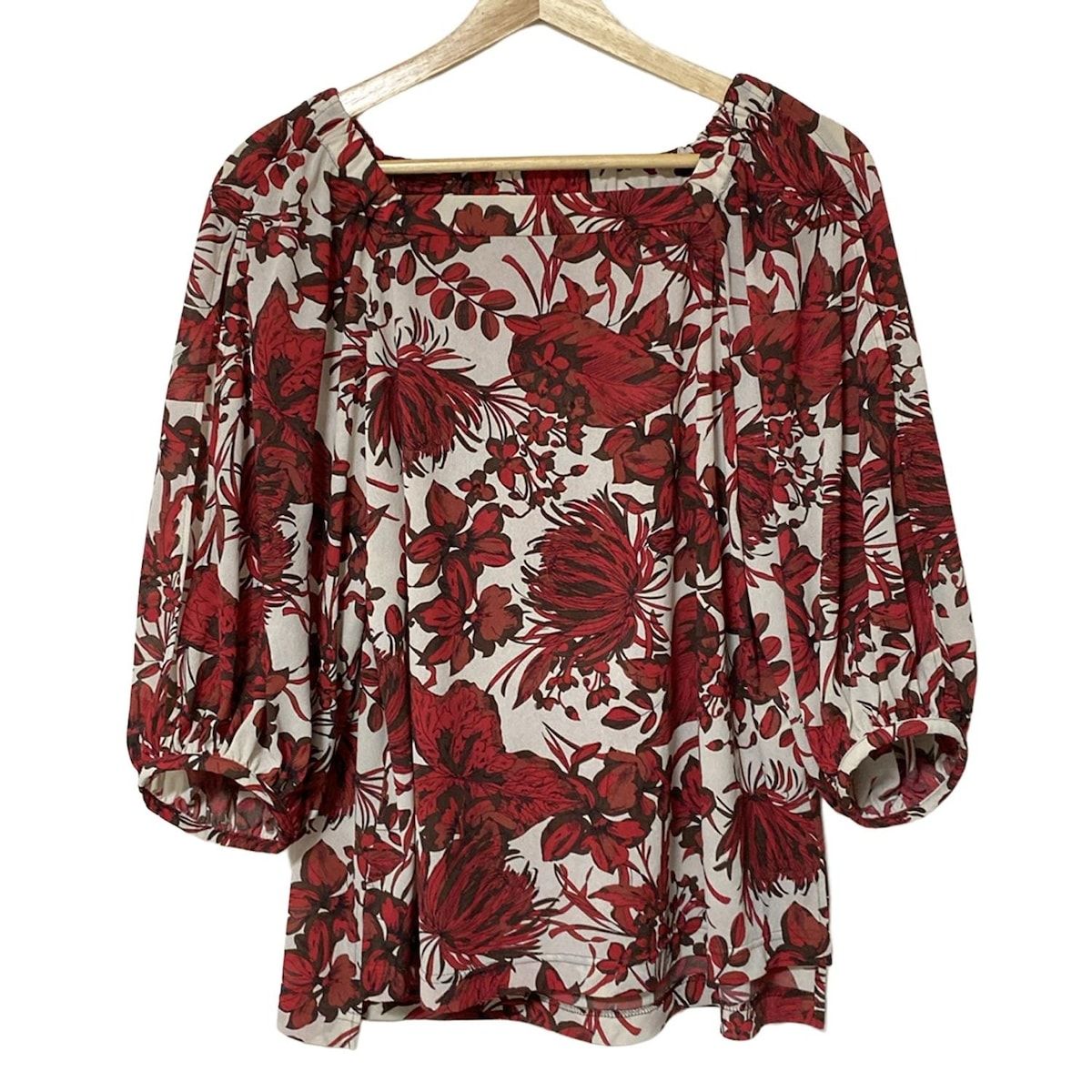 NEMIKA by Leilian ネミカ チュニック サイズ11 M レディース - ライトグレー×ボルドー×ダークブラウン 七分袖 花柄 シースルー