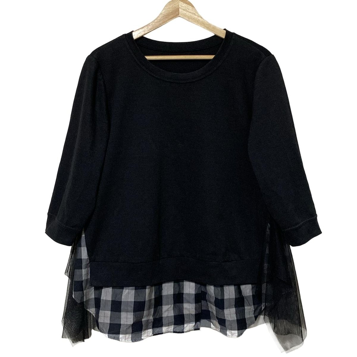 Leilian レリアン チュニック サイズ13 S レディース - 黒×白×レッド クルーネック 長袖 メッシュ チェック柄