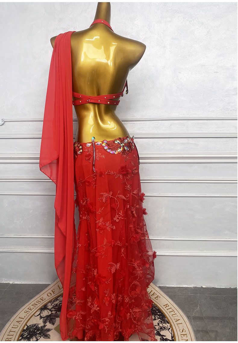 ベリーダンス オリエンタル衣装 薔薇 レッド ブラ スカート オーダーメイド