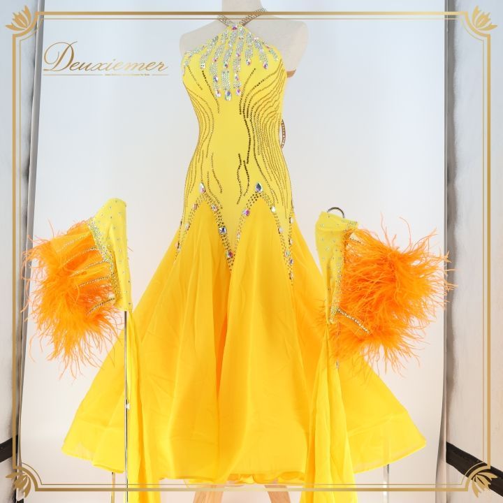 社交ダンス 衣装 ドレス ワンピース 黄色 羽 デモ 競技 ダンス パーティ 発表会 イエロー系 オレンジ系 フロア映え 豪華 レオタード 感 舞台