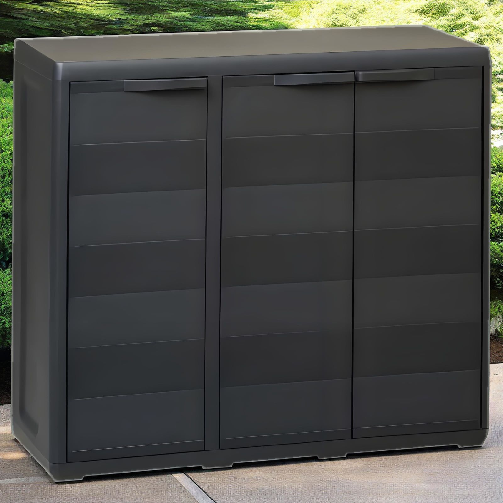 屋外収納に最適 ガーデン収納キャビネット 2段棚 ブラック 丈夫で耐久性抜群 庭 屋外 ベランダに ガーデン収納ボックス 物置