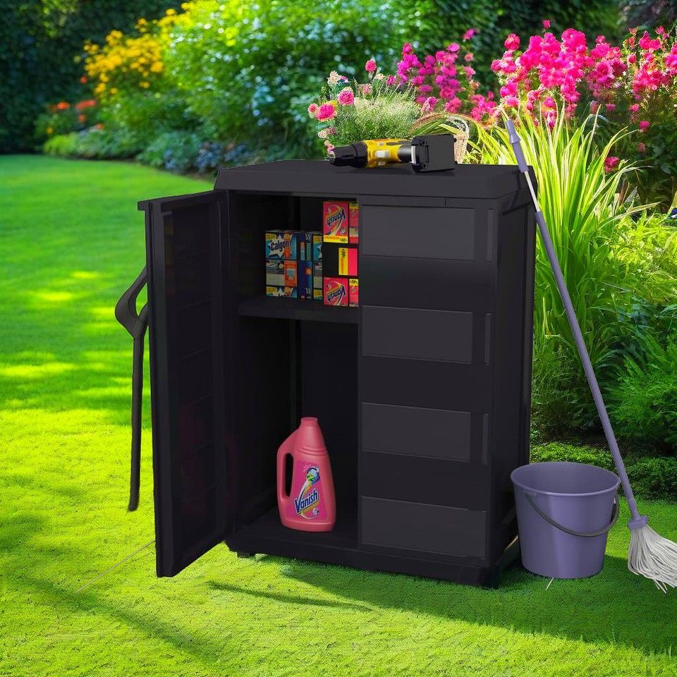 工具 ガーデニング用品収納 スタイリッシュなブラックガーデン収納キャビネット 棚板調節 ツール 機器 屋外用品の整理に 耐久性抜群