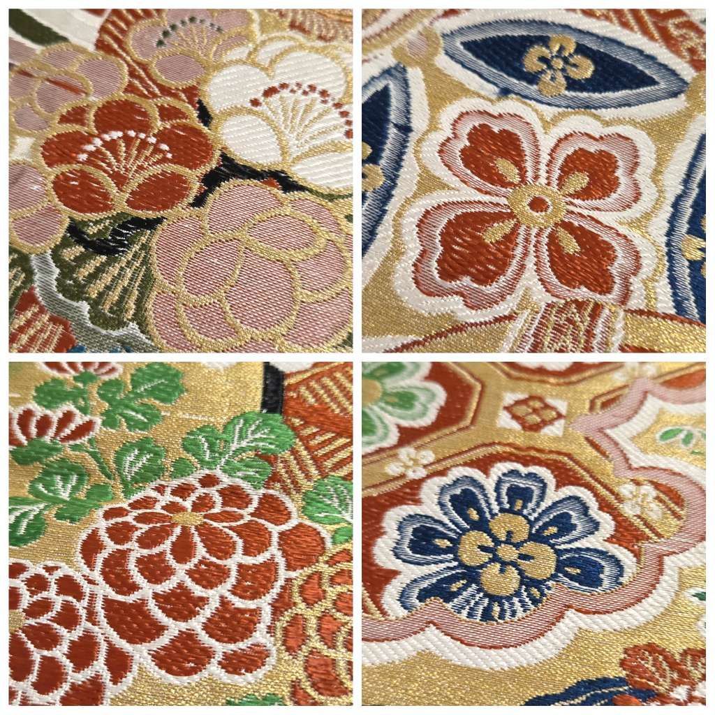 B 着物くつろぎ アンティーク 大正ロマン レトロ 豪華 古典模様 華文 鼓 花々 全通 正絹 フォーマルな丸帯