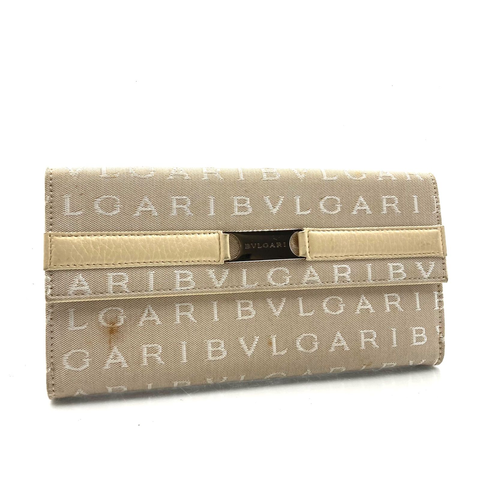 BVLGARI ベージュ レザー　長財布 BVLGARI（ブルガリ） 長財布 ロゴクリップ ベージュ レザー 【中古