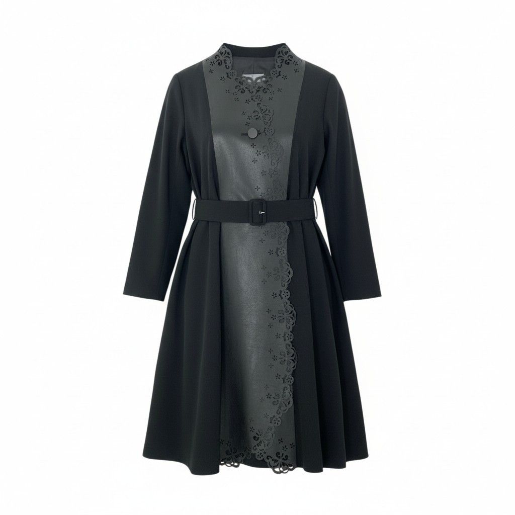 極美品✨ クコプルミエヴォル　ロングコート　羽織り　レース　フリル　ゆったり　黒 28k29 TOKUKO 1er VOL トクコプルミエヴォル レザー切替 ロングコート