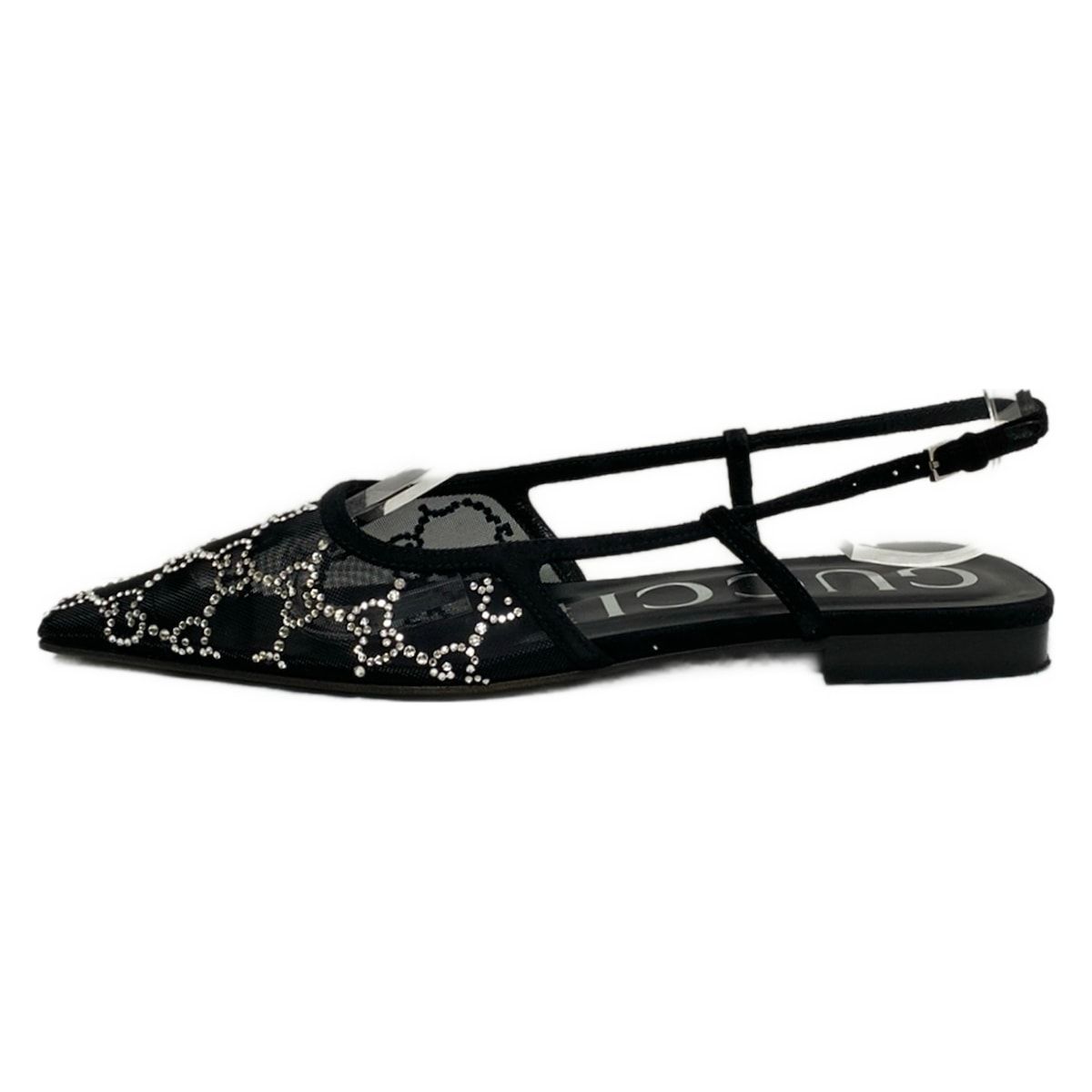 GUCCI グッチ サンダル 37 レディース - 771662 黒 ラインストーン GG柄 メッシュ