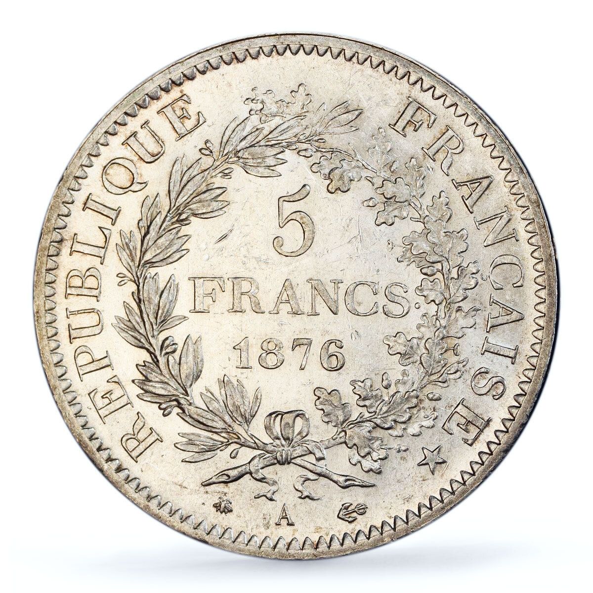 フランス 5フラン 自由 平等 友愛 ヘラクレス MS61 PCGS 銀貨 1876年
