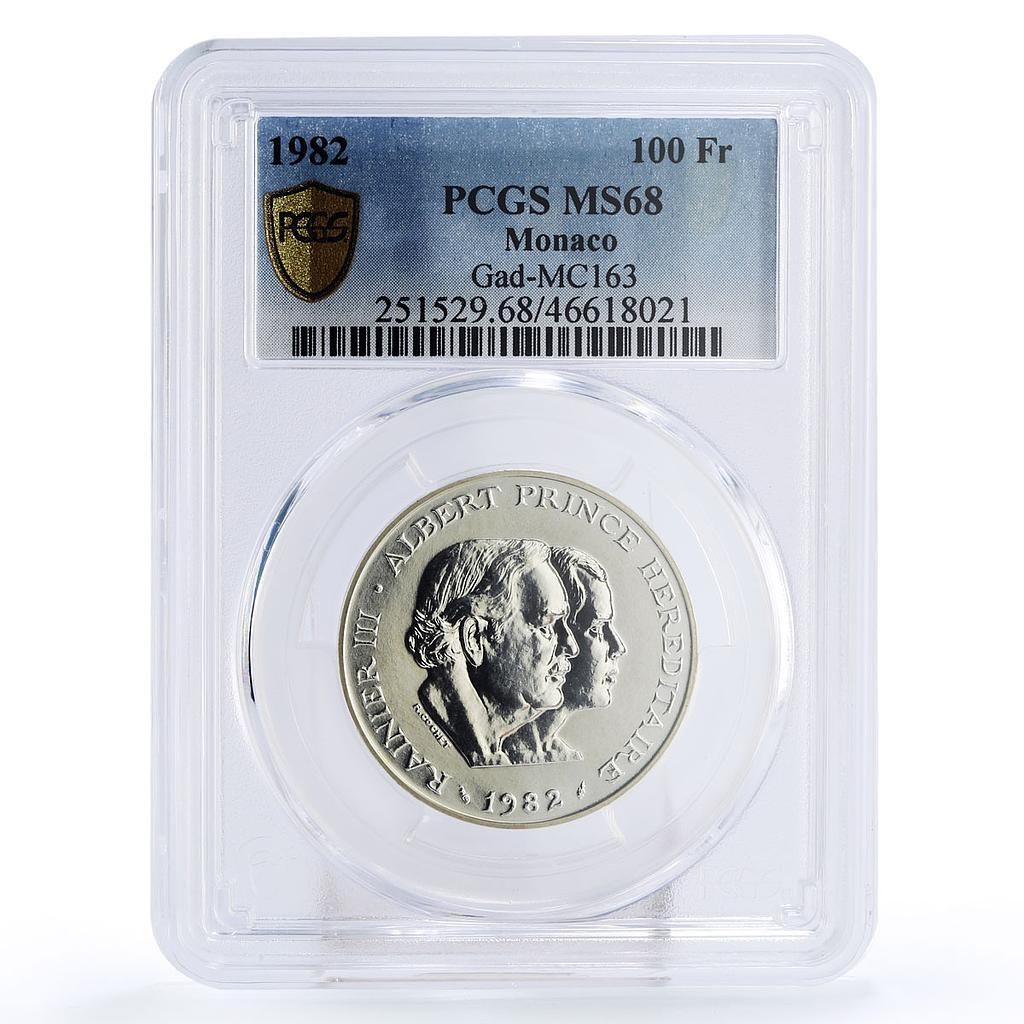 モナコ 100フラン レーニエ3世 アルベール大公 政治 MS 68 PCGS 銀貨 1982年