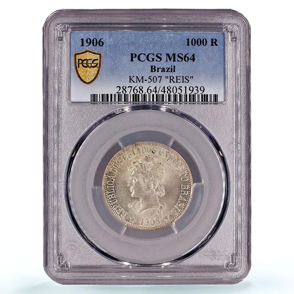 ブラジル 1000レイス 通常貨幣 リバティヘッド KM-507 MS 64 PCGS 銀貨 1906年