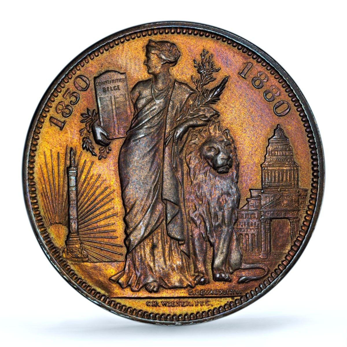 ベルギー 5フラン レオポルド1世 50年史 KM 8 a MS 63 PCGS 銅貨 1880年