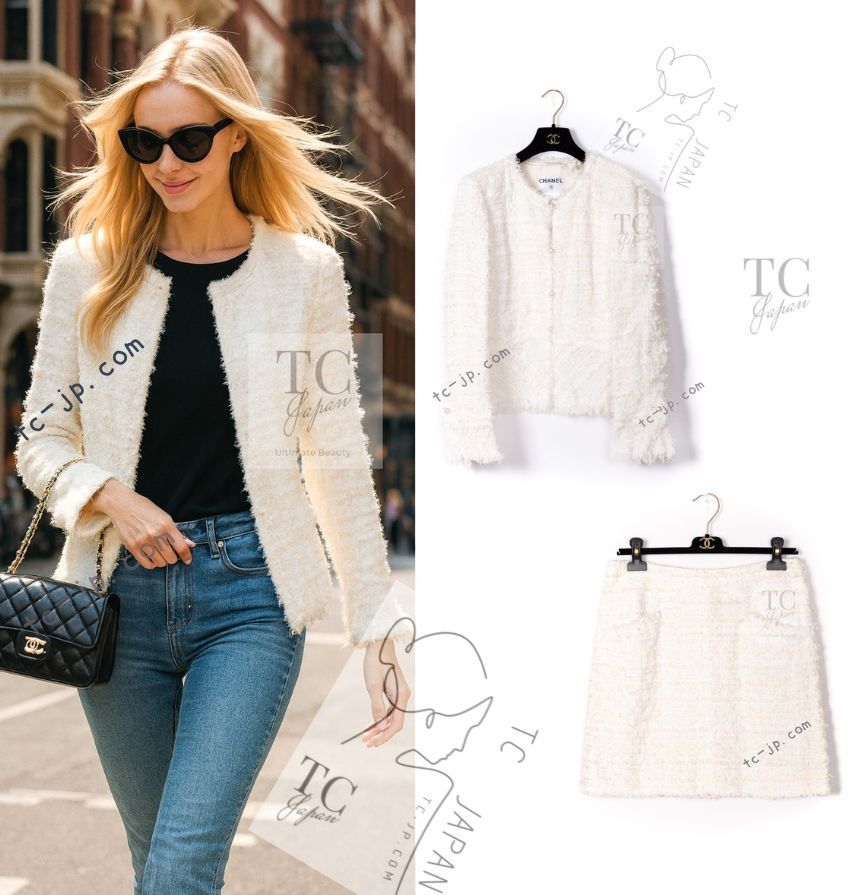 シャネル ジャケット スーツ CHANEL アイボリー ホワイト パール CC