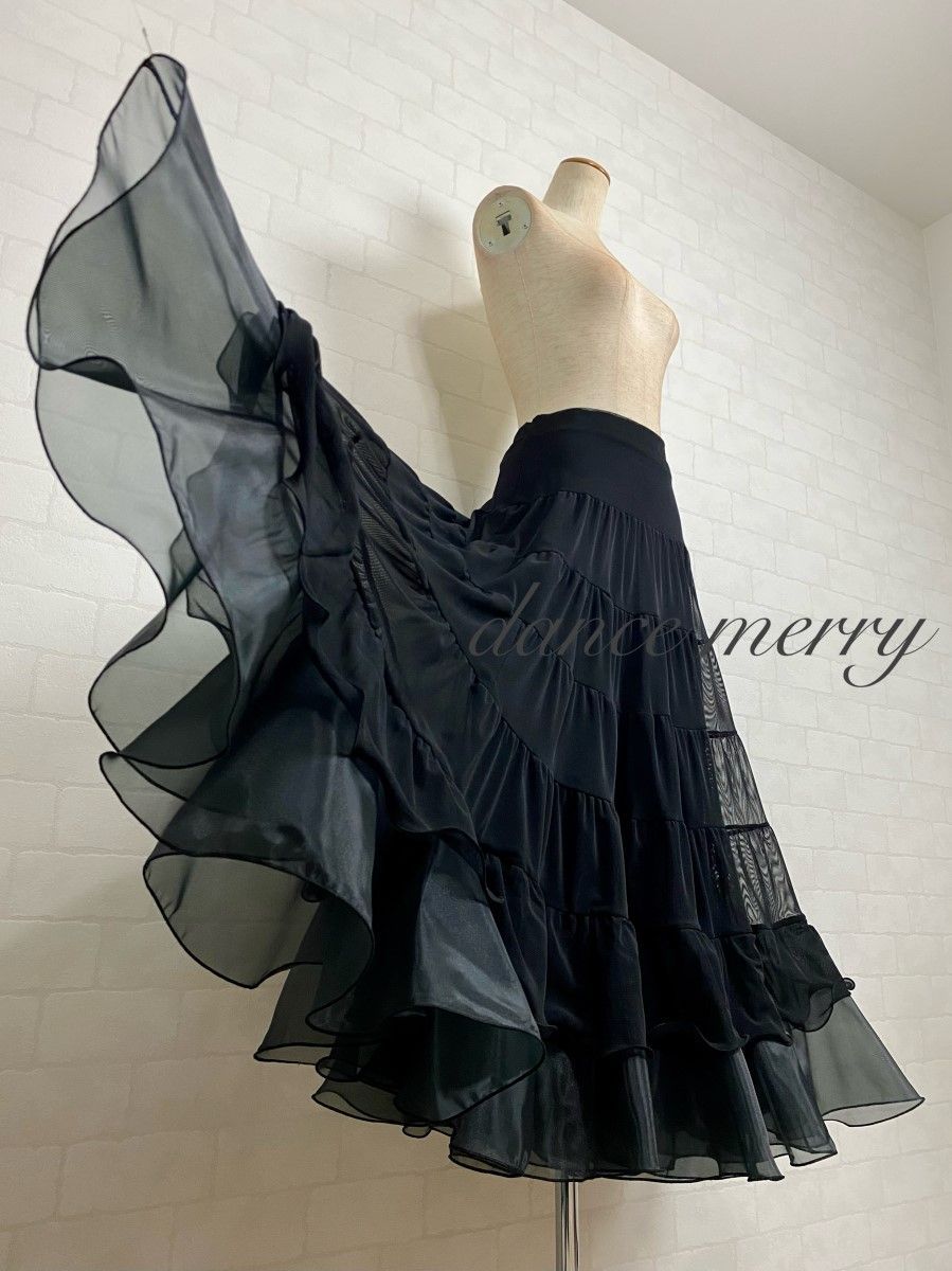 MERRY】新品 社交ダンス 黒 ティアード スカート パーティ タンゴ 1191