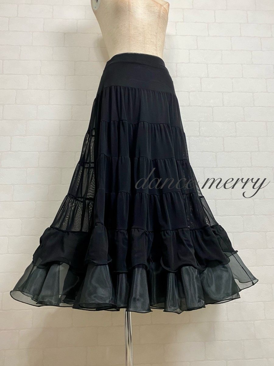 MERRY 社交ダンス 黒 ティアード スカート パーティ タンゴ 1191