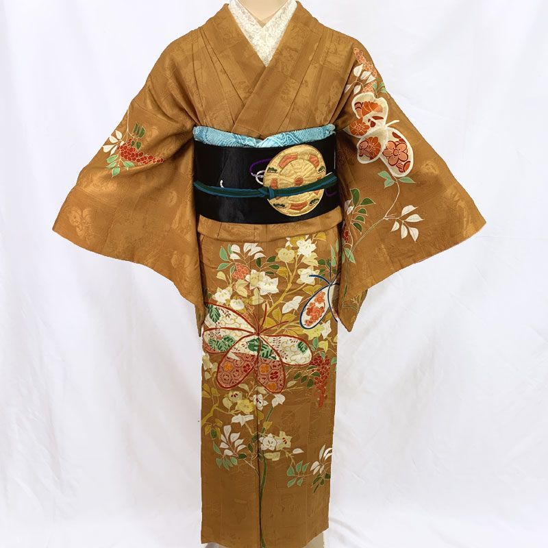 512aa5◇アンティーク着物 橘 南天 捻梅 金駒刺繍 一つ紋 付け下げ