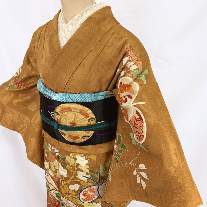 512aa5◇アンティーク着物 橘 南天 捻梅 金駒刺繍 一つ紋 付け下げ