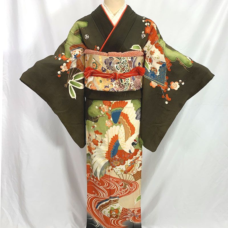 512aa7◇アンティーク着物 松竹梅に鶴 金駒刺繍 五つ紋 黒留袖 訪問着