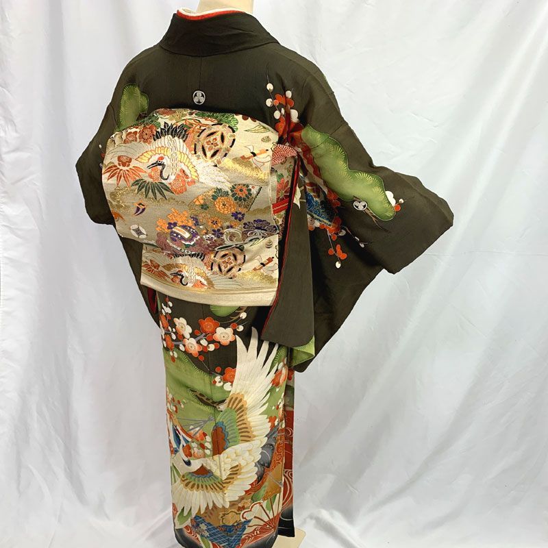 512aa7◇アンティーク着物 松竹梅に鶴 金駒刺繍 五つ紋 黒留袖 訪問着