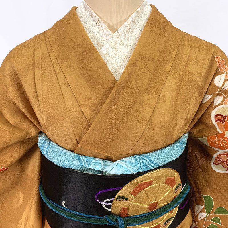 512aa5◇アンティーク着物 橘 南天 捻梅 金駒刺繍 一つ紋 付け下げ