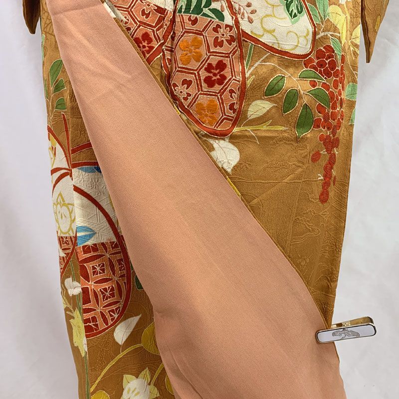 512aa5◇アンティーク着物 橘 南天 捻梅 金駒刺繍 一つ紋 付け下げ