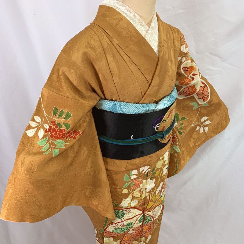 訪問着　フルセット　橘　南天　梅　紅葉　金駒刺繍　金彩加工　着物　付け下げ　H1 訪問着 フルセット 橘 南天 梅 紅葉 金駒刺繍 金彩加工 着物 付け下げ