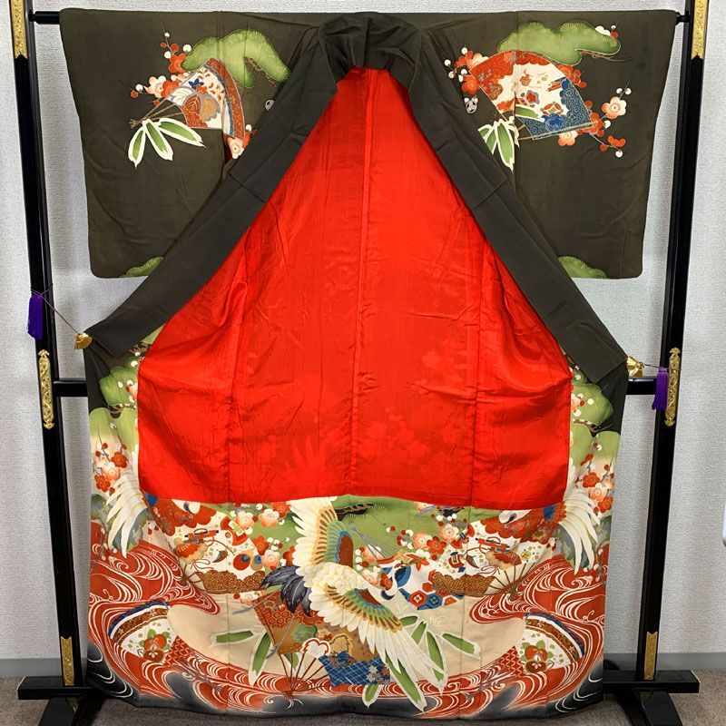 512aa7◇アンティーク着物 松竹梅に鶴 金駒刺繍 五つ紋 黒留袖 訪問着