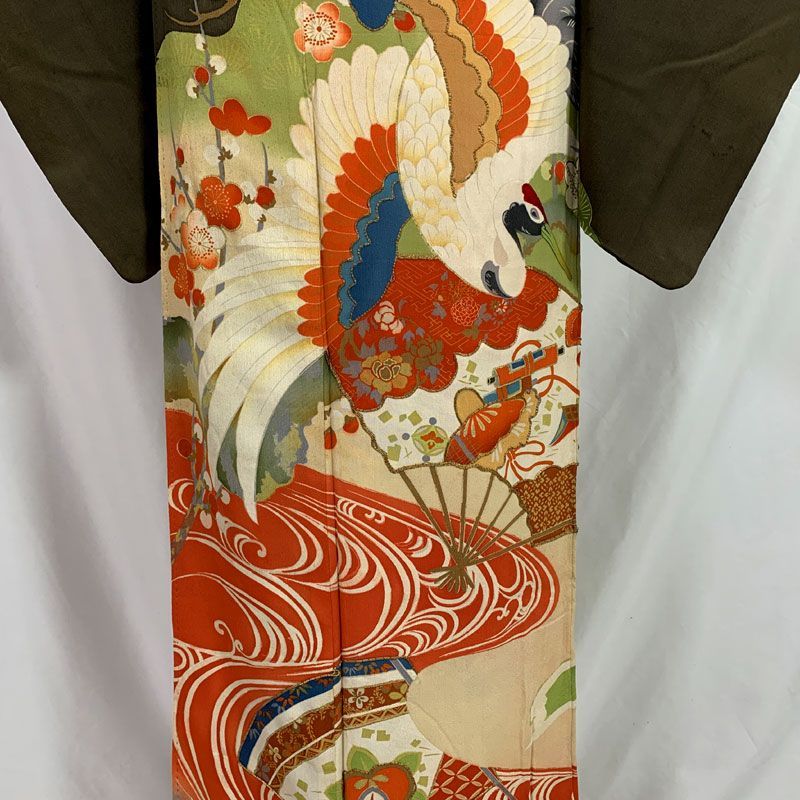 512aa7◇アンティーク着物 松竹梅に鶴 金駒刺繍 五つ紋 黒留袖 訪問着