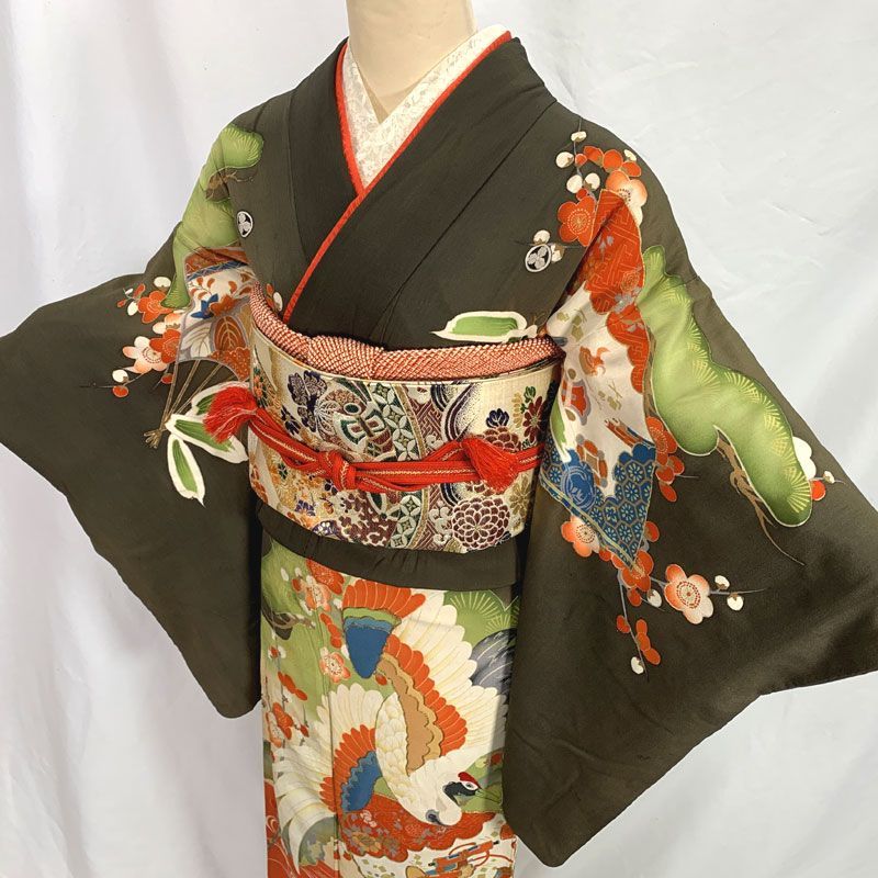 512aa7◇アンティーク着物 松竹梅に鶴 金駒刺繍 五つ紋 黒留袖 訪問着