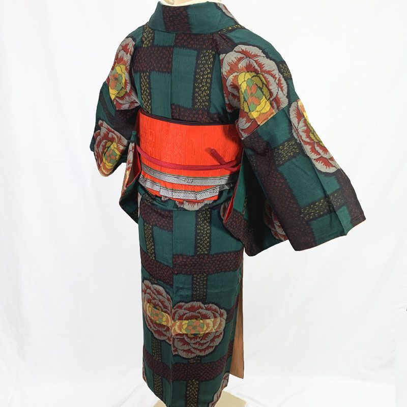 512aa12◇アンティーク着物 銘仙 椿 カメリア 格子に鹿の子レトロ