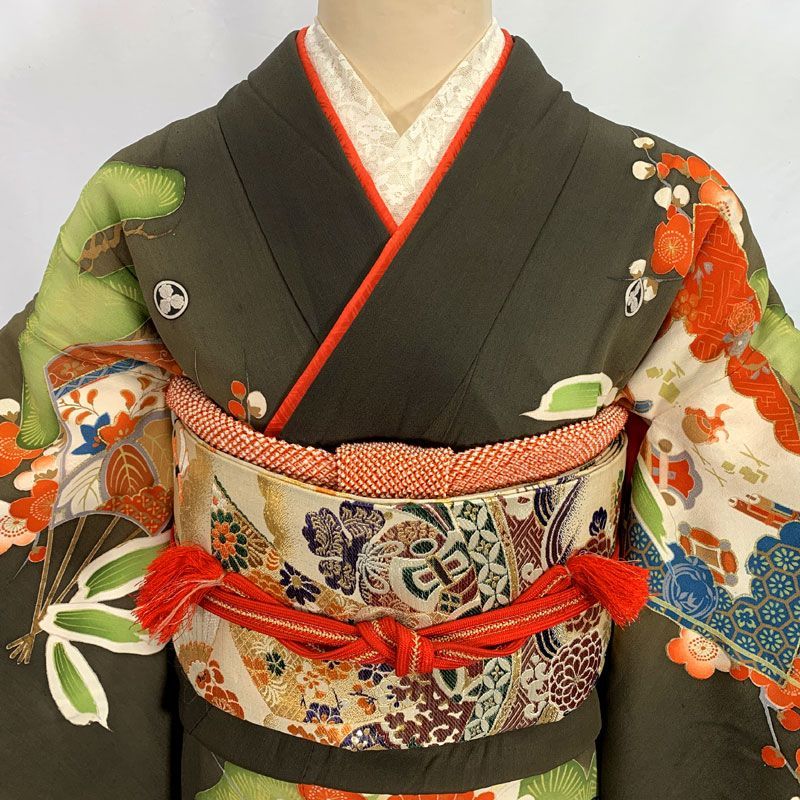 512aa7◇アンティーク着物 松竹梅に鶴 金駒刺繍 五つ紋 黒留袖 訪問着