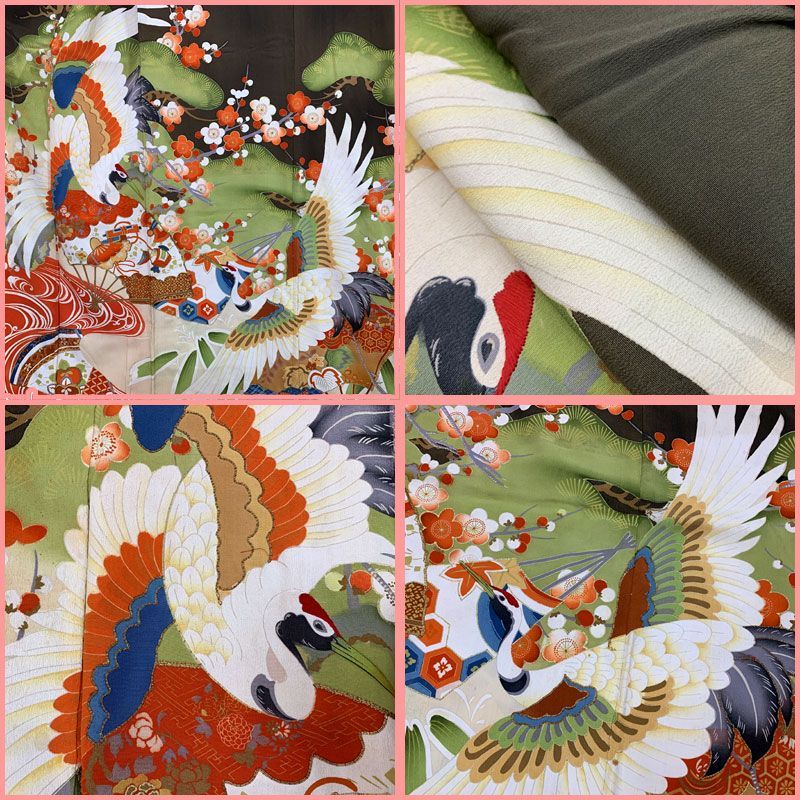 512aa7◇アンティーク着物 松竹梅に鶴 金駒刺繍 五つ紋 黒留袖 訪問着