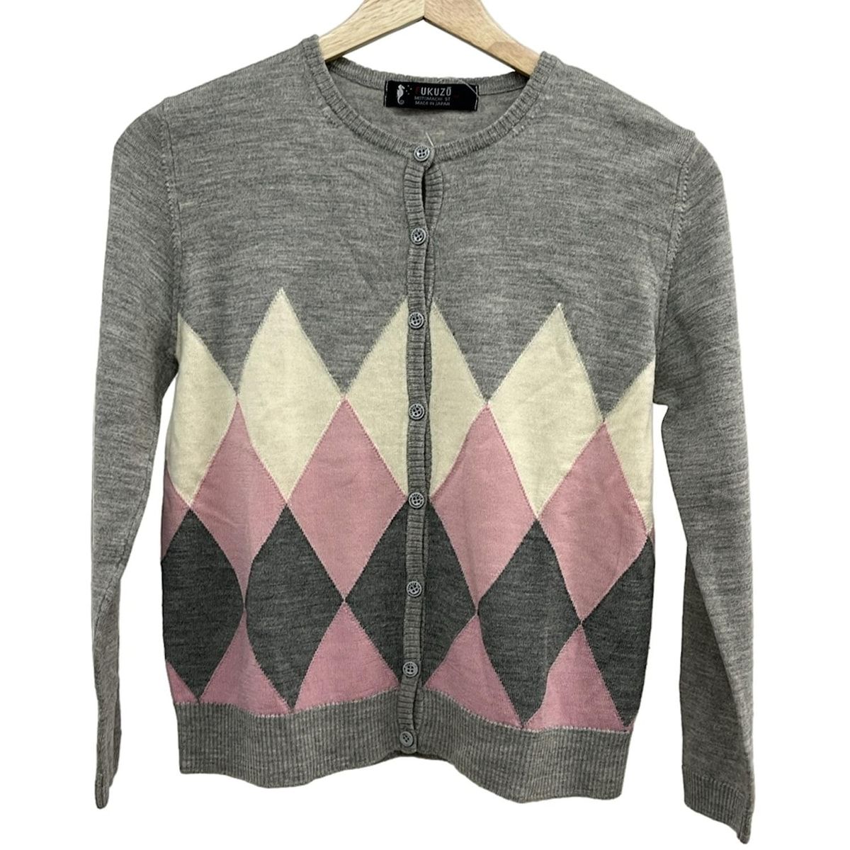 FUKUZO フクゾー カーディガン サイズM レディース グレー アイボリー ピンク 長袖 アーガイル