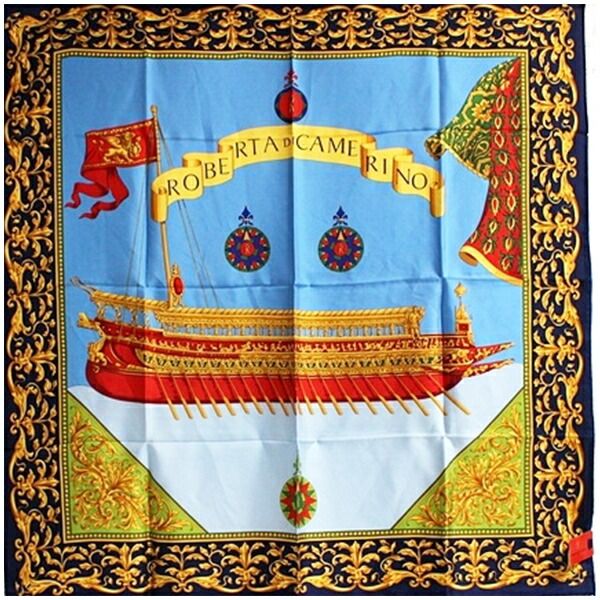 ロベルタディカメリーノ シルク スカーフ 未使用 ライトブルー ネイビー 中古 Sランク Roberta di ロベルタディカメリーノ シルク スカーフ 未使用 ライトブルー