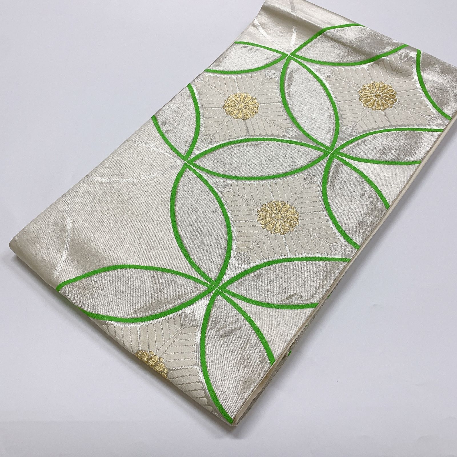 6047］袋帯 花菱七宝文様 金銀彩 六通 正絹 着物 フォーマル シルバー