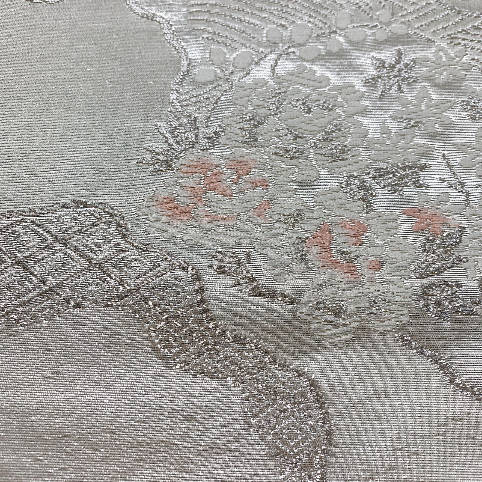 6048］袋帯 草花道長文様 銀彩 シルバー 六通 正絹 着物 フォーマル